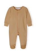 Simple beige long sleeve baby sleepsuit with snap buttons and footed design for comfort and ease.
