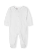 White long sleeve baby sleepsuit with snap buttons, soft fabric, and simple comfortable design for infants 0-24 months