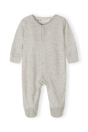 Soft grey long sleeve baby sleepsuit with footies featuring a simple, comfortable design for infants 0-24 months.