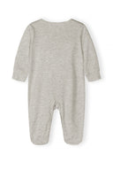 Back view of soft grey long sleeve baby sleepsuit with unique seamless design for comfort and style