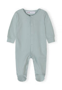 Soft blue long sleeve baby sleepsuit with snap buttons and footed design for comfortable wear