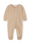 Soft neutral beige long sleeve baby sleepsuit with snap button design for easy dressing and comfort.