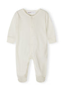 Neutral beige long sleeve baby sleepsuit with footsies and snap closures, designed for comfort and ease.