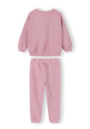 Back view of a simple pink girls tracksuit with elastic cuffs and waistband, designed for comfort and style.