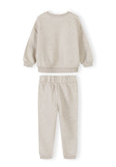 Back view of a cream kids tracksuit with sweatshirt and elastic waistband joggers in soft cotton design