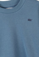 Close-up of blue cotton sweatshirt with embroidered small animal design and ribbed neckline detail for kids fashion.