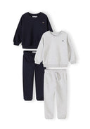Two-piece boys tracksuit set in navy and grey with cotton fabric and adjustable joggers for kids.
