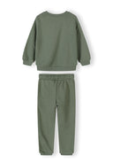 Back view of olive green kids tracksuit with sweatshirt and joggers in soft cotton fabric design