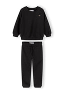 Black cotton sweatshirt and joggers kids tracksuit with adjustable waist and simple design details
