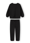 Black kids tracksuit set with sweatshirt and joggers featuring adjustable waist and cuffed design for comfort and style