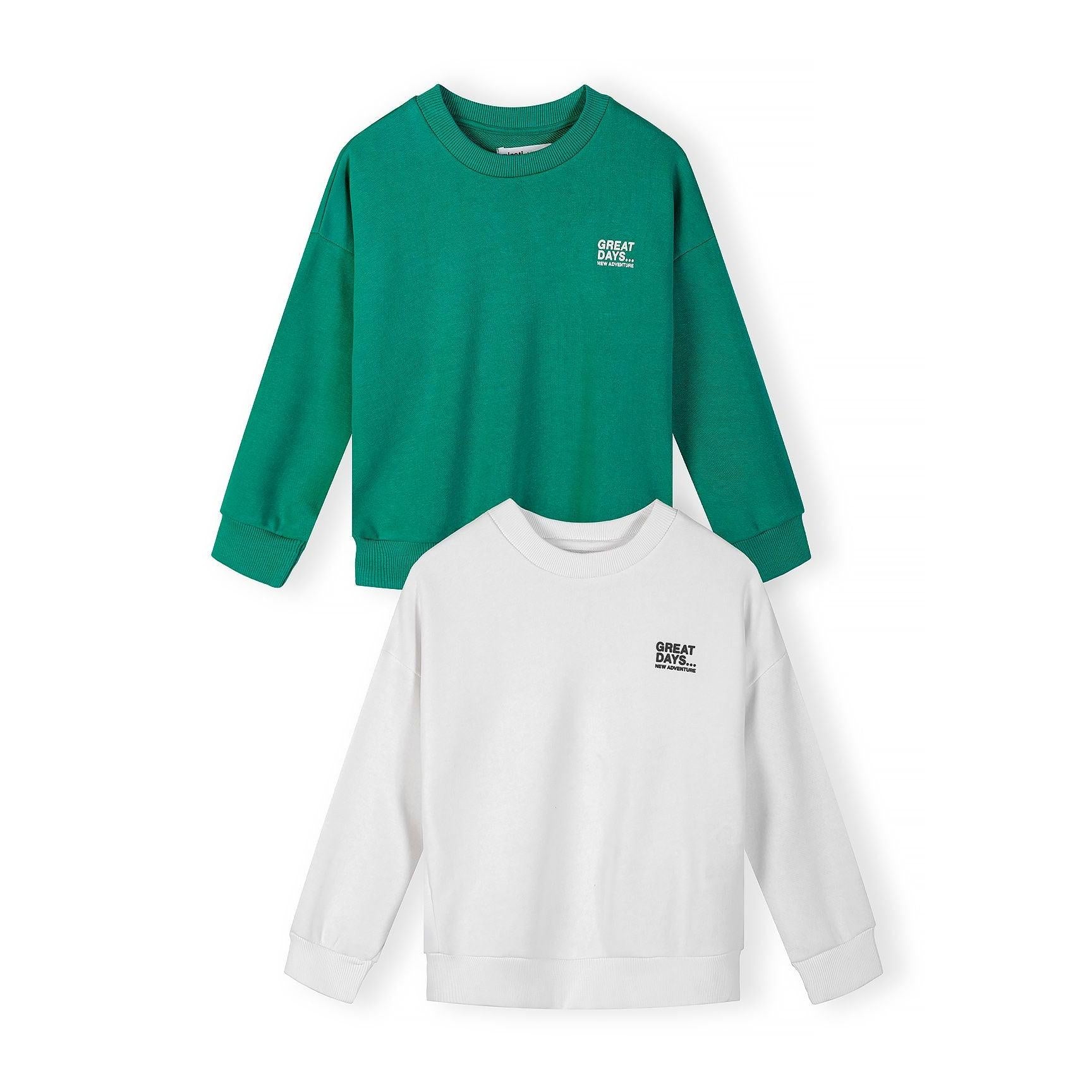 Green and white sweatshirts displayed on white background showing Great Days chest print