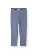 Blue ribbed girls leggings with stretch fabric, designed for comfort and style in kids fashion.
