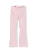 Pink ribbed flare leggings for girls with elasticated waistband and ruffled hems, kids fashion design.