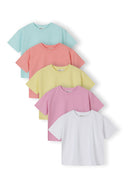 Five pastel-colored ribbed cotton t-shirts for girls featuring a soft, comfortable design in kids fashion.