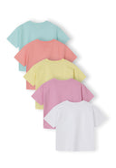 Set of five pastel-colored ribbed cotton t-shirts in soft blue, pink, yellow, lavender, and white with a simple design.