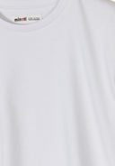 Close-up of plain white cotton t-shirt with crew neckline, highlighting soft fabric and minimalist design for kids fashion.