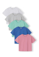 Set of five multicoloured girls’ crew neck t-shirts with short sleeves showcasing simple, comfortable design for kids.