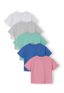 Set of five multicoloured girls’ jersey t-shirts with crew neck and short sleeves, featuring simple and versatile design.