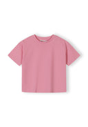 Simple pink jersey t-shirt for girls with crew neck and short sleeves, featuring a clean and comfortable design.