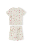 Detail view of pink ribbed fabric texture showing delicate floral print pattern and elastic waistband