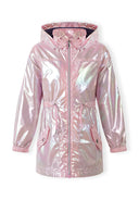 Girls shiny pink hooded jacket with drawstring waist and flap pockets featuring a reflective, stylish design.