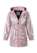 Shiny pink hooded jacket for girls with drawstring waist and flap pockets featuring a unique reflective design