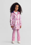 Young girl wearing a shiny pink hooded jacket with drawstring waist and flap pockets showcasing a stylish design.