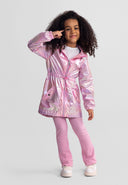Girl wearing a pink hooded shiny jacket with drawstring waist and flap pockets, showcasing stylish kids fashion design