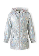 Girls shiny silver hooded jacket with drawstring waist, flap pockets, and iridescent finish, perfect for kids’ fashion.