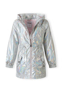 Girls shiny silver hooded jacket with drawstring waist and flap pockets featuring a unique iridescent design.