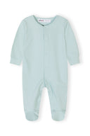 Pastel mint baby sleepsuit with snap button closure and long sleeves, featuring a simple and soft design.