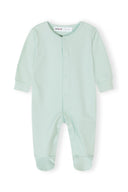 Pastel mint baby sleepsuit with snap buttons, long sleeves, and footed design for comfortable kids fashion.