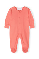 Coral pink long-sleeve baby sleepsuit with front snaps and a simple, comfortable design for ages 0-24 months.