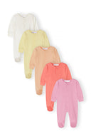 Five long-sleeve sleepsuits in white, yellow, peach, coral, and pink, front view.