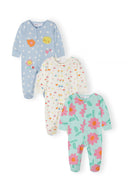 Girls' 3-pack cotton sleepsuits in floral and polka dot patterns, front view.