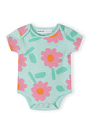 Mint green short sleeve bodysuit with pink and orange floral print, designed for babies in a stylish kids fashion look.