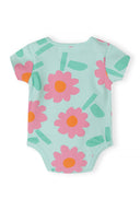 Baby bodysuit with short sleeves featuring a colorful floral and spot design in pastel tones