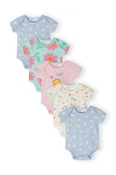 5-pack of girls' short-sleeve bodysuits featuring floral and spot prints, front view.