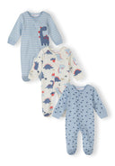 3-pack boys' sleepsuits with blue and white dinosaur prints, front view, featuring elasticated cuffs.
