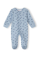 Blue baby sleepsuit with long sleeves and small dark blue dinosaur print design for boys 0-24 months