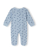 Blue baby sleepsuit with small dinosaur pattern, comfortable design for infants aged 0-24 months.