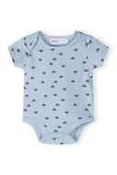 Light blue baby bodysuit with dark blue dinosaur pattern and short sleeves, designed for comfort and style.