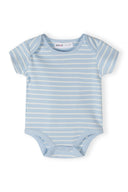 Blue and white striped short sleeve cotton bodysuit for boys with a soft and comfortable design.