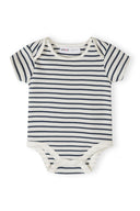 Cream bodysuit with navy blue horizontal stripes, short sleeves, and snap closures for easy diaper changes.
