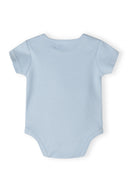 Light blue short sleeve baby bodysuit with soft cotton fabric and simple, comfortable design.