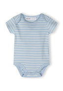 Soft blue and white striped baby bodysuit with short sleeves and snap closures for easy dressing.