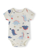 Baby bodysuit with blue and red dinosaur design on soft cream cotton fabric for infants.