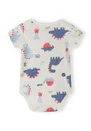 Cream bodysuit with playful blue and red dinosaur print featuring unique design details for baby boys.
