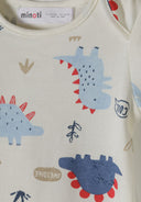 Close-up of a baby bodysuit with unique blue dinosaur design and playful printed details for kids fashion.