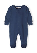 Navy blue long sleeve baby sleepsuit with snap buttons and a comfortable breathable cotton fabric design.